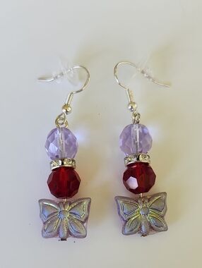 Iridescent Butterfly Drop Earrings with Purple and Red Beads!